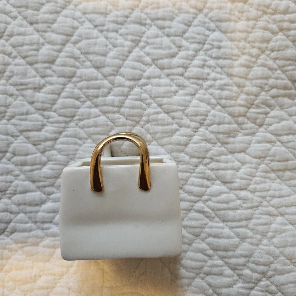 Miniature White Porcelain‎ Shopping Gift Bag Gold Gilded handle Decor bud vase